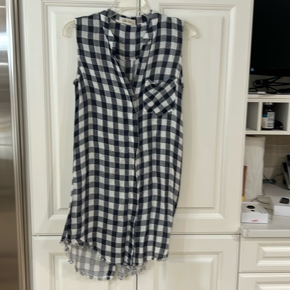Bella Dahl Navy & White Gingham Check Sleeveless Shirtdreas. XS